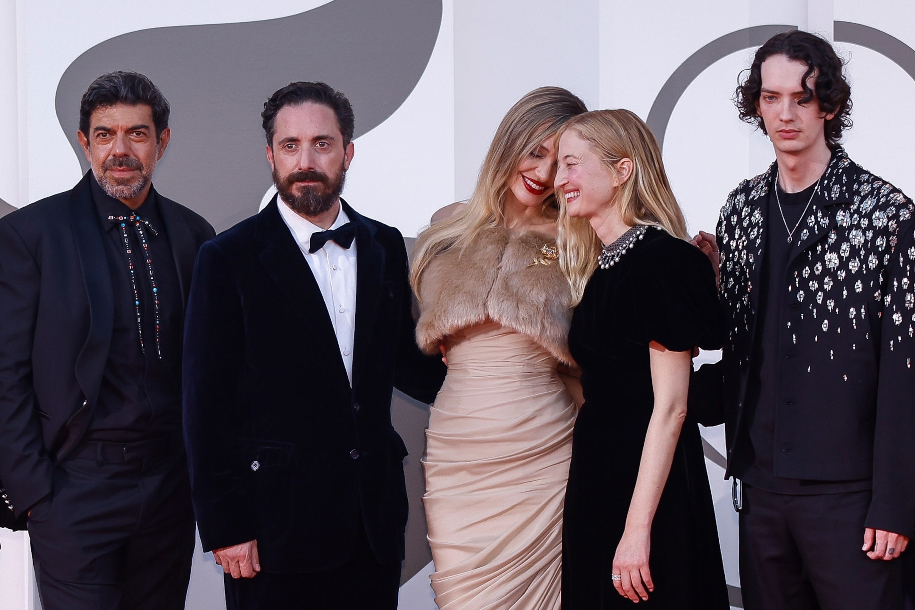 PHOTO: Pierfrancesco Favino, from left, director Pablo Larrain, Angelina Jolie, Alba Rohrwacher, and Kodi Smit-McPhee at the premiere of the film 'Maria' during the 81st edition of the Venice Film Festival in Venice, Italy, Aug. 29, 2024. 