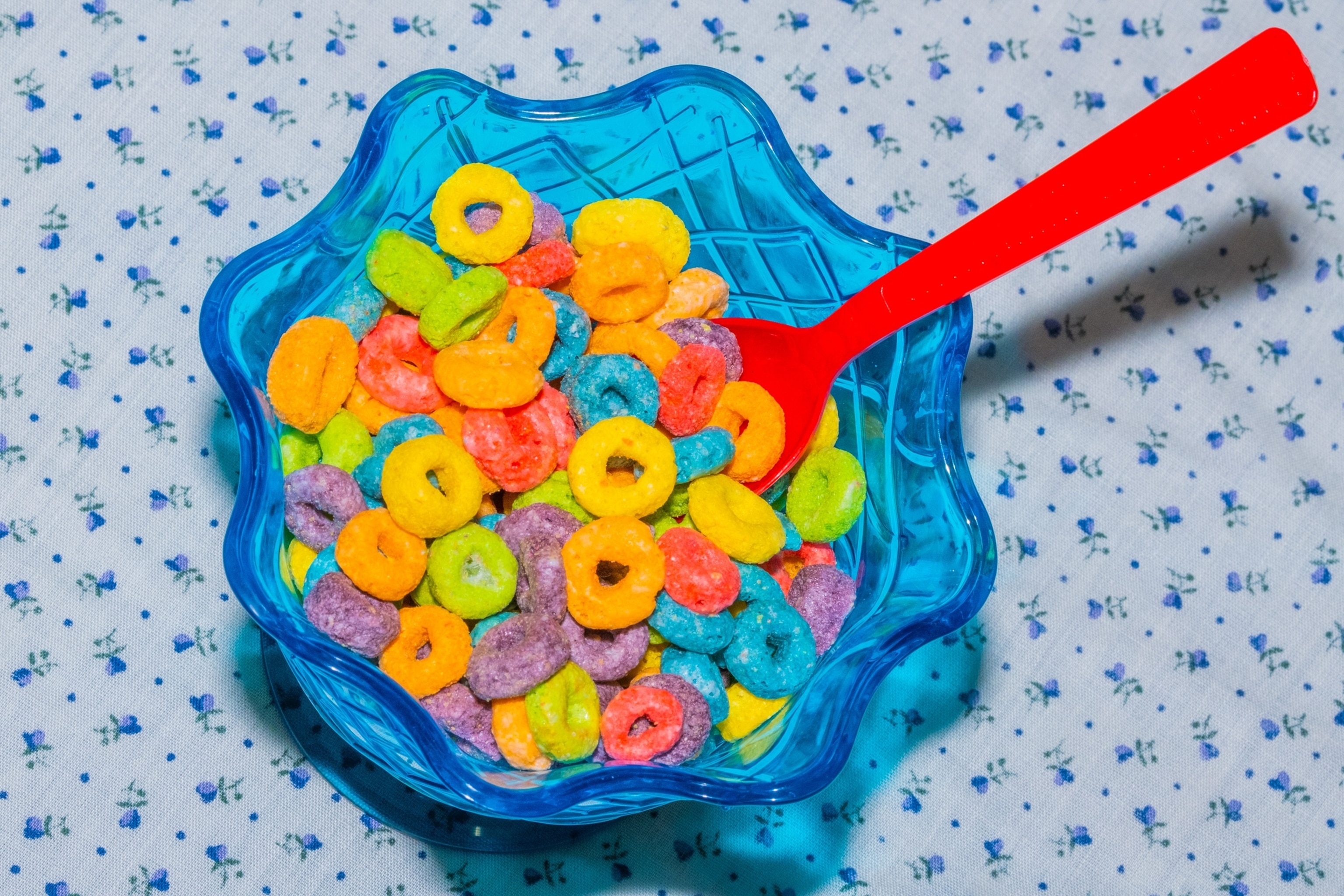 PHOTO: A bowl of Froot Loops cereal, sold in the US and made with artificial dyes, arranged in the Brooklyn, May 22, 2024. 