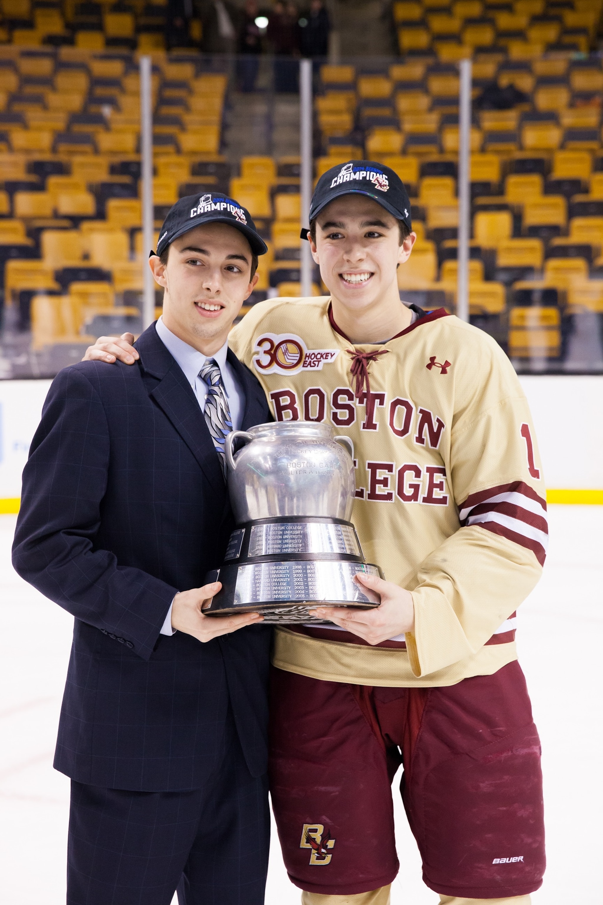 PHOTO: Johnny Gaudreau #13 and Matthew Gaudreau #21 of the Boston College Eagles celebrate after the Eagles beat the Northeastern University Huskies to win their fifth Beanpot Championship in a row, Feb. 10, 2014, in Boston.