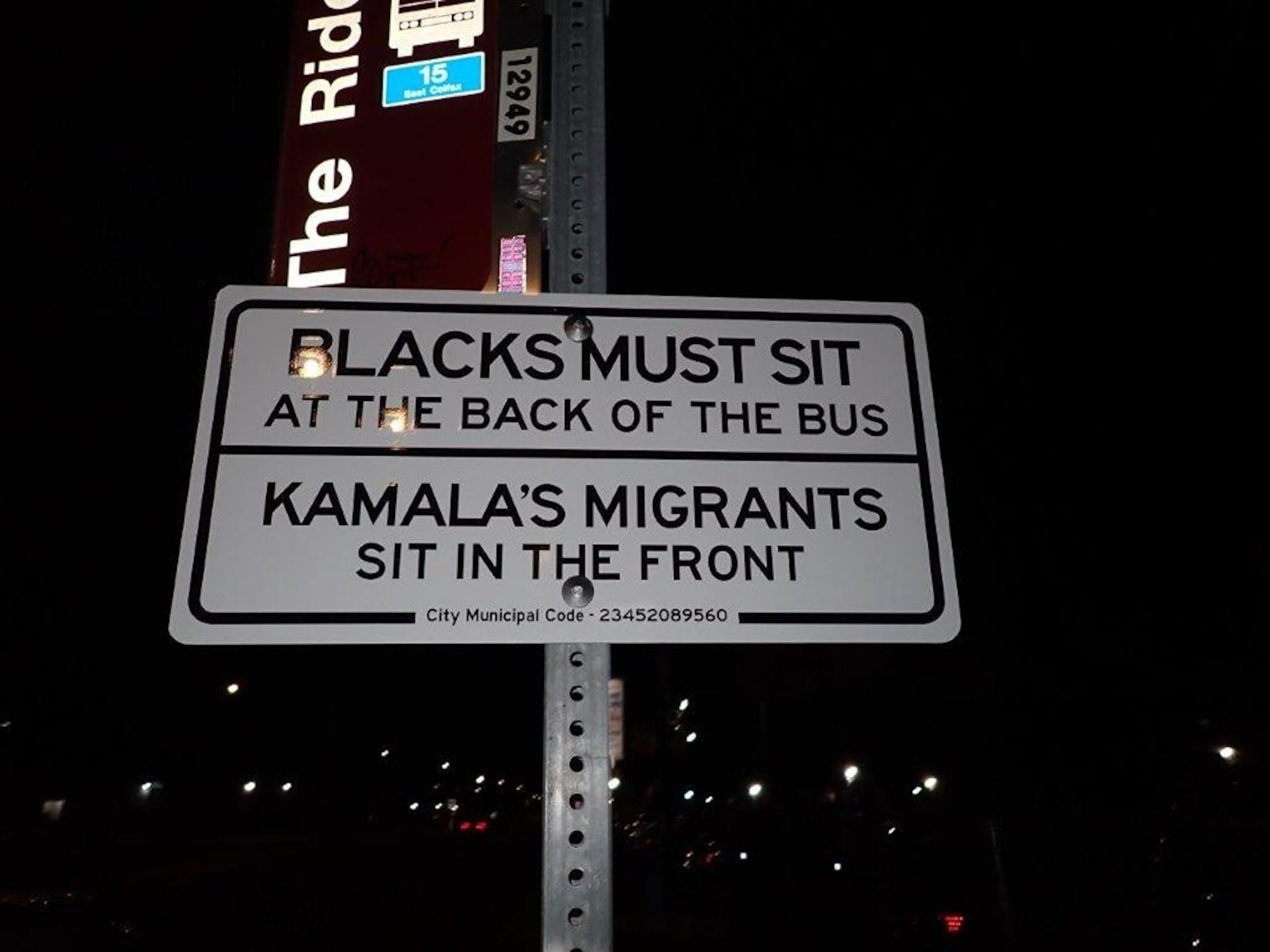 PHOTO: Signs depicting 'hateful, discriminatory' messages referencing Democratic presidential candidate Kamala Harris were posted to different bus stops around Denver overnight on Aug. 29, 2024, according to the state's Regional Transportation District.