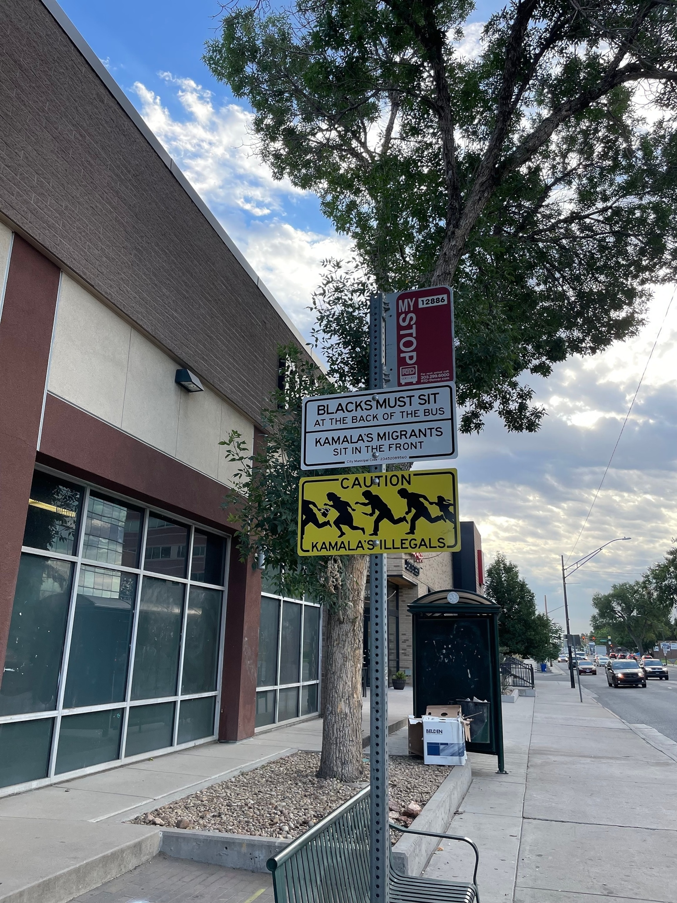 PHOTO: Signs depicting "hateful, discriminatory" messages referencing Democratic presidential candidate Kamala Harris were posted to different bus stops around Denver overnight on Aug. 29, 2024, according to the state's Regional Transportation District.